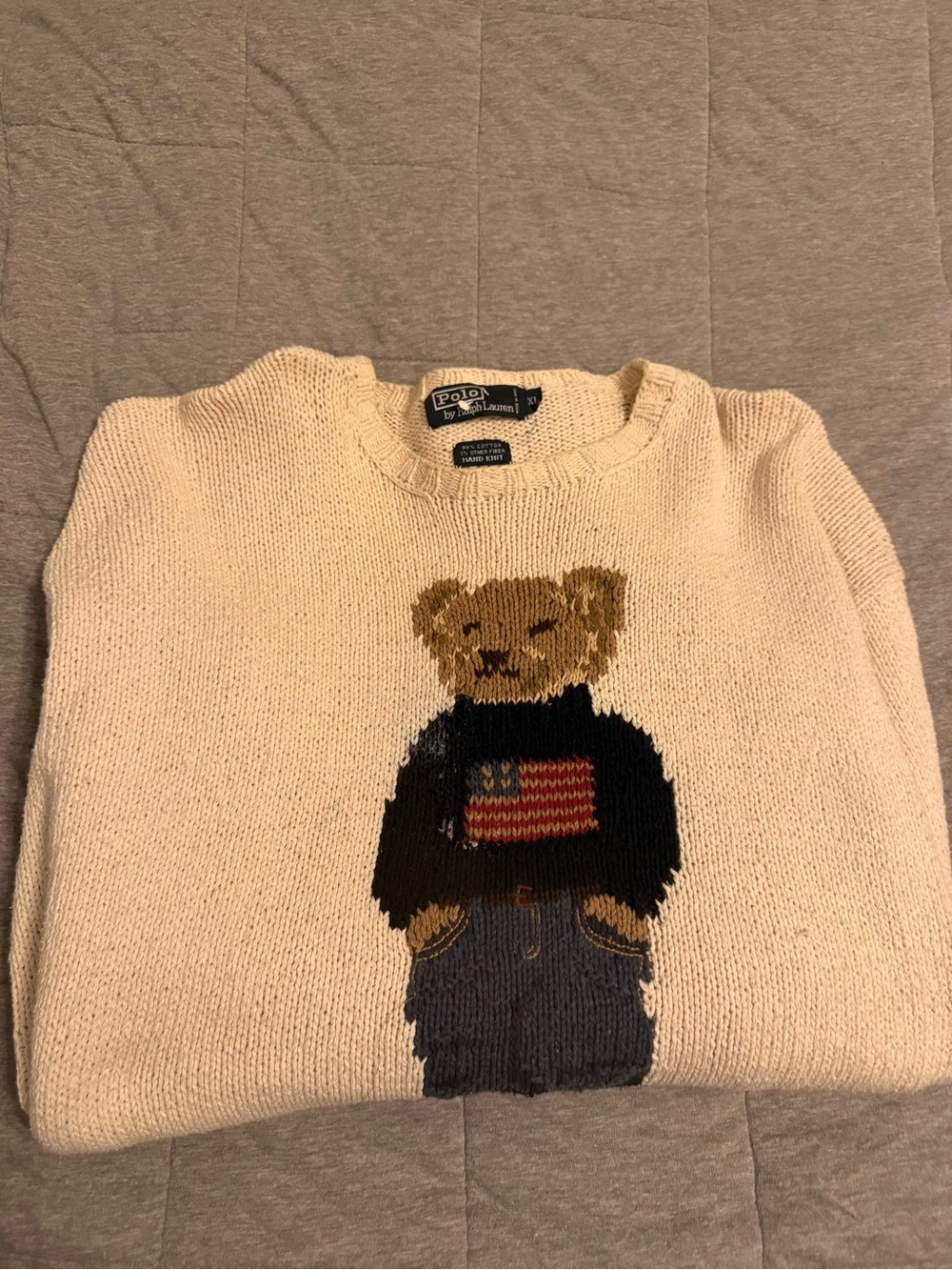 Vintage Polo Ralph Lauren Cream Bear-Graphic Crewneck Sweater